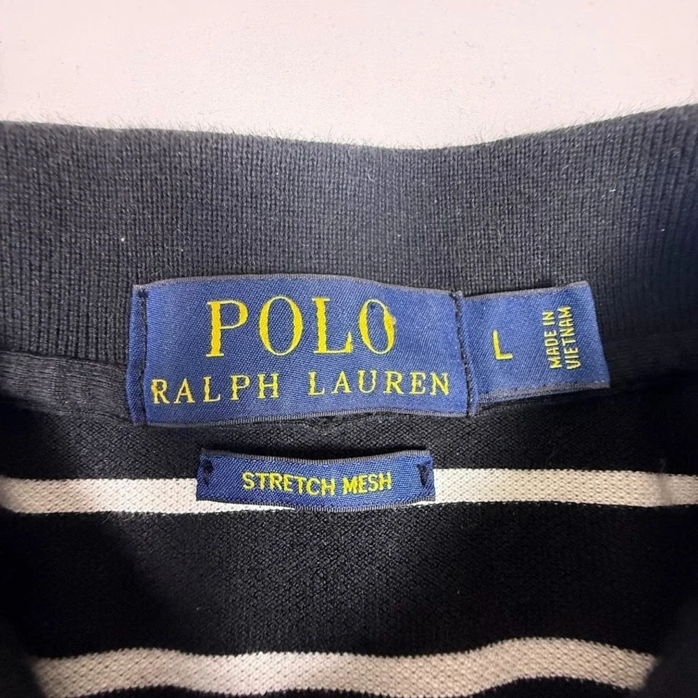 Polo Ralph Lauren Polo Shirt Mens L Black White Striped Purple Pony Stretch Mesh